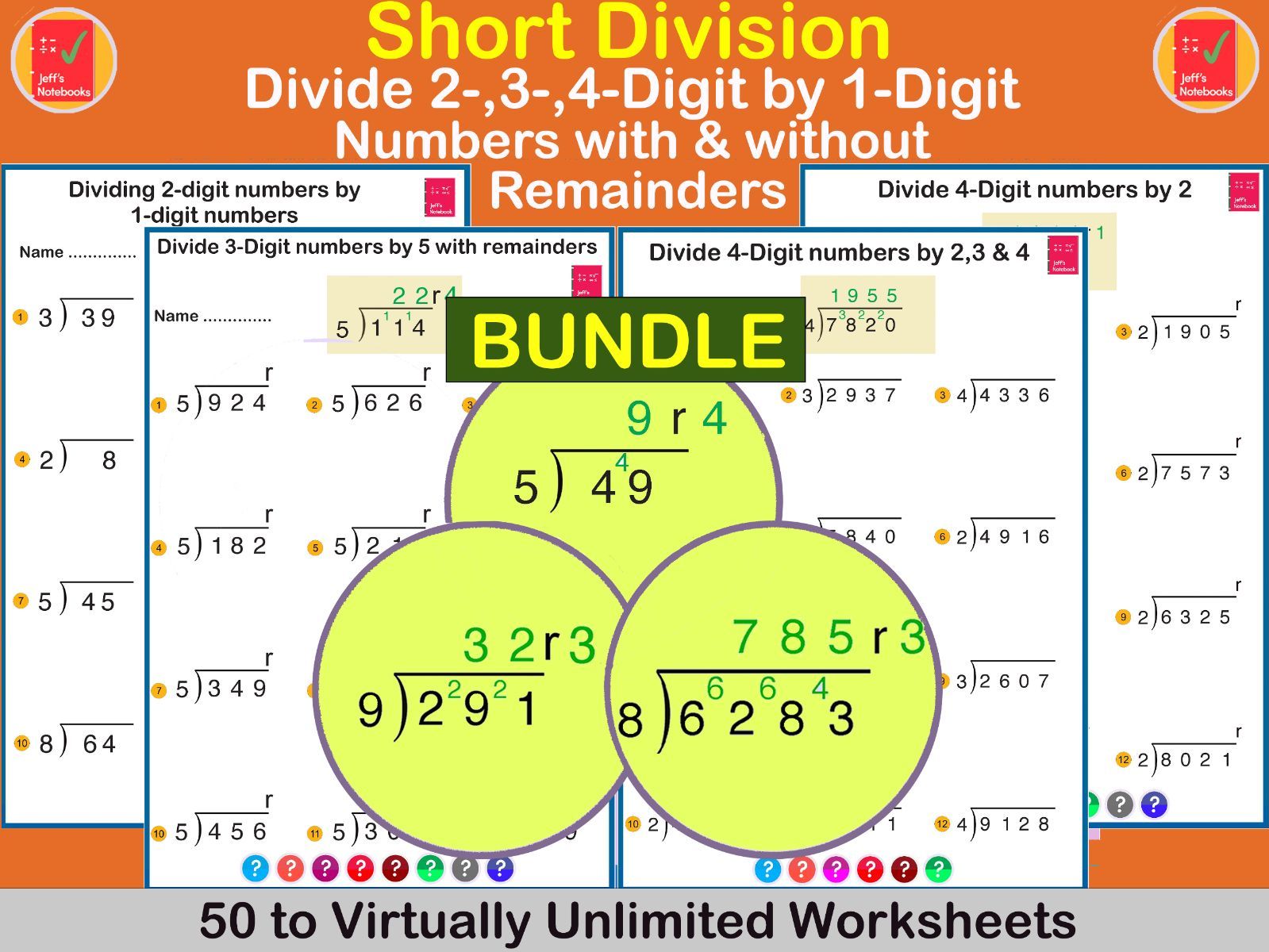Short Division: Divide 2-,3- & 4-digit by 1-digit numbers BUNDLE