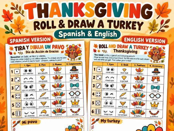 Thanksgiving Roll and Draw a Turkey | Spanish & English | Primary Activity