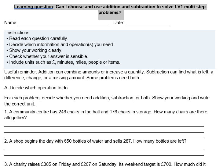 Functional Skills Level 1 Addition and Subtraction complex maths problems