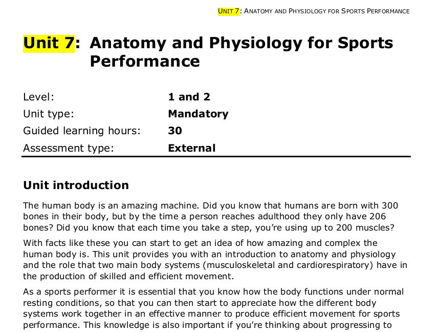 LEVEL 2 Unit 7:  Anatomy and Physiology for Sports  Performance