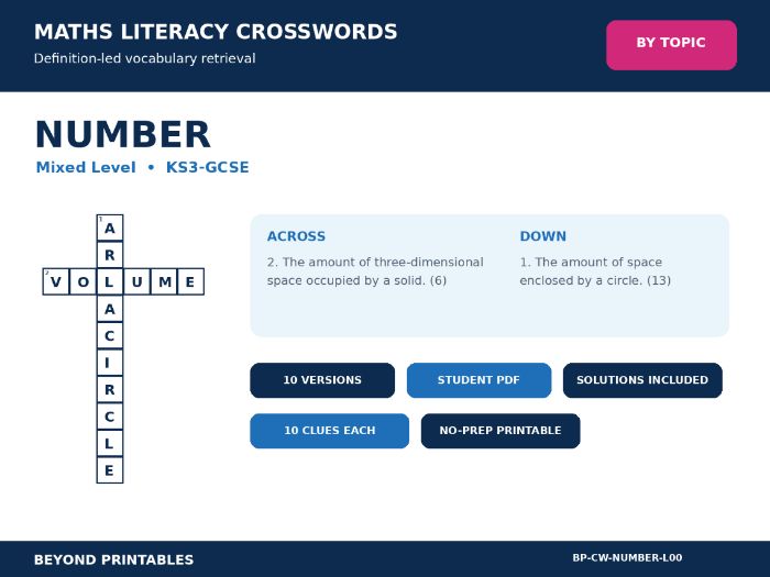 Maths Literacy Crosswords: Number | 10 Puzzles + Complete Solutions