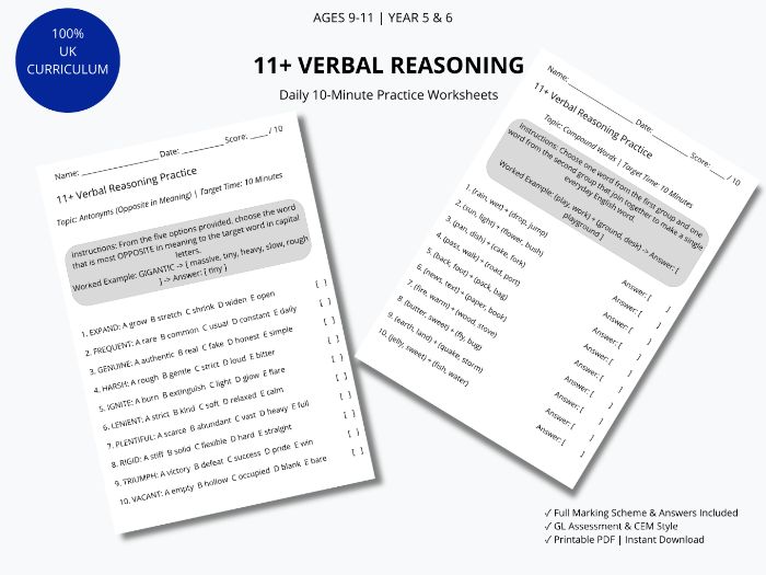 11+ Verbal Reasoning Pack 2: Antonyms & Compound Words (Tests 03 & 04 with Answers) | KS2 Year 5 & 6