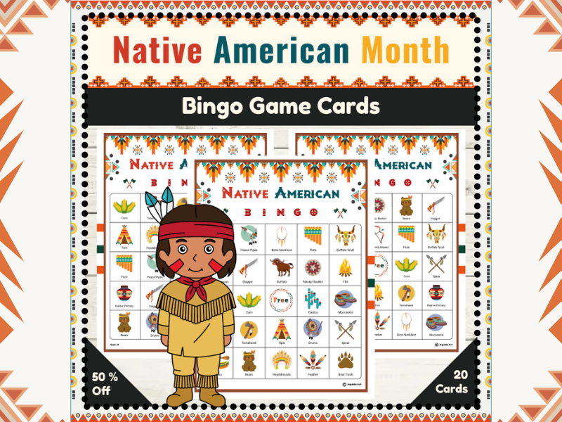 Native American Heritage Month Bingo Game Cards : Native & Cultural Celebration