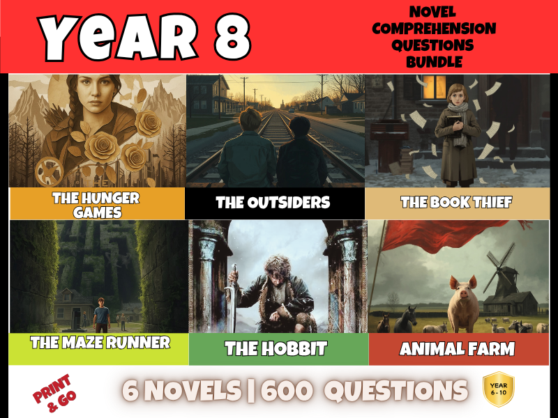 Year 8 Novel Study Reading Comprehension Bundle PDF | 600 Questions + Answer Keys | 6 Popular Books