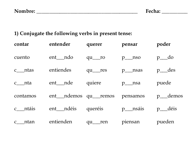 Spanish stem changing verbs Present Tense