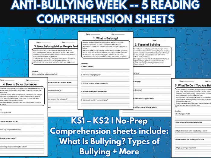 Anti-Bullying Week KS1–KS2 Reading Comprehension worksheets (5) | what's Bullying, Bullying Types+