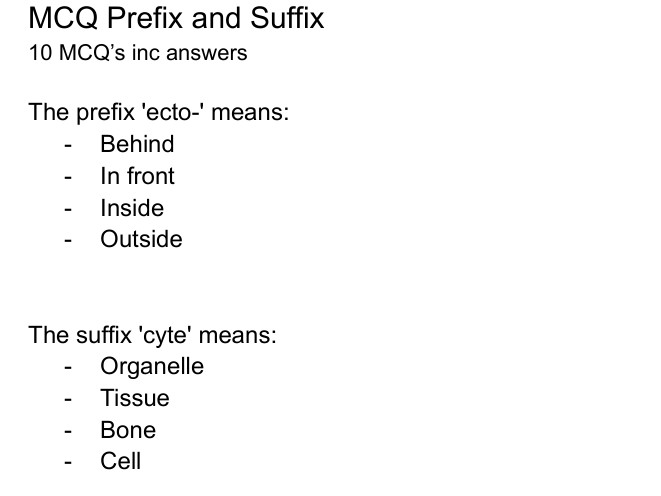 Suffix and Prefix veterinary terminology MCQs