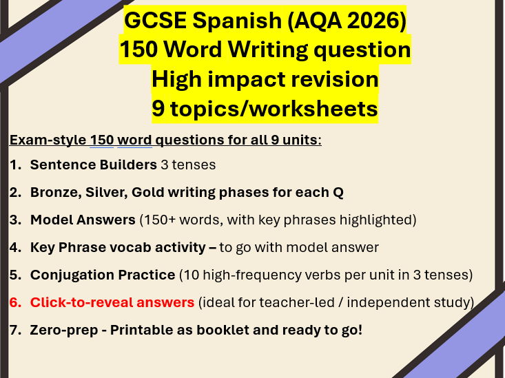 GCSE Spanish 150 Word Writing Revision: 9 worksheets (all topics)