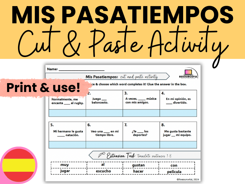 Spanish Free Time Pasatiempos Cut & Paste Activity