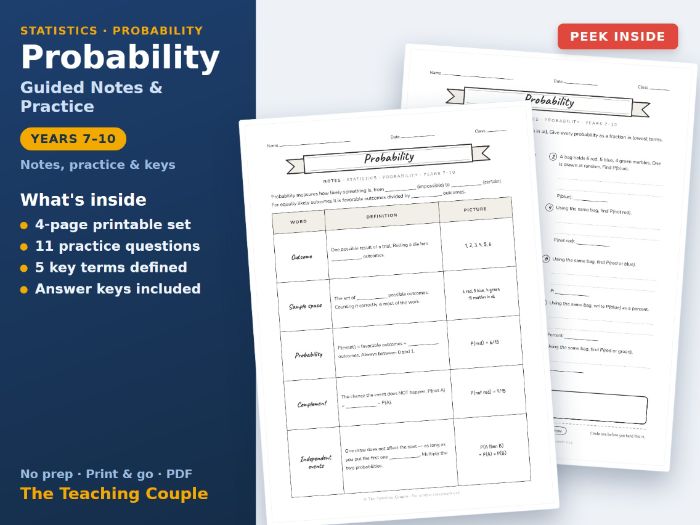 Probability Sketch Notes & Practice + Answer Keys | Years 7-10