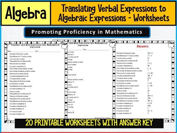 Translating Verbal Expressions to Algebraic Expressions – Worksheets Math Problems Beginner Level