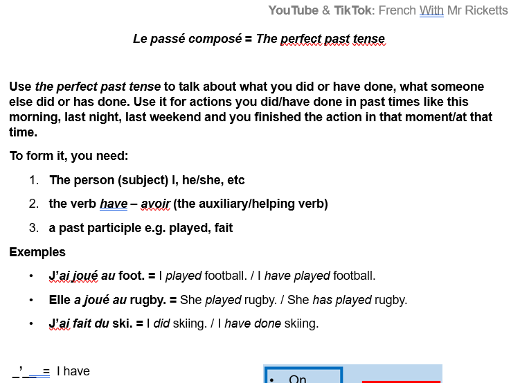 past tense - passé composé 1 mr ricketts FREE VERSION