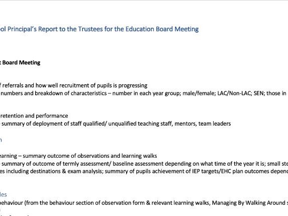 Template for School Principal's Report to the Board