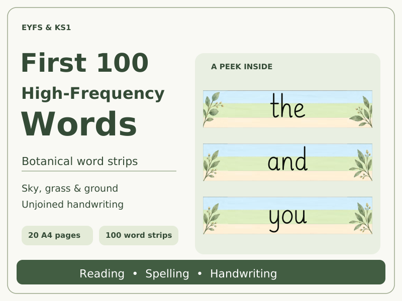 First 100 High-Frequency Words | Botanical Word Strips | Sky, Grass & Ground | EYFS & KS1