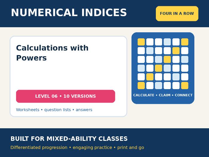 Numerical Indices – Calculations with Powers – Four in a Row – 10 Worksheets + Answers