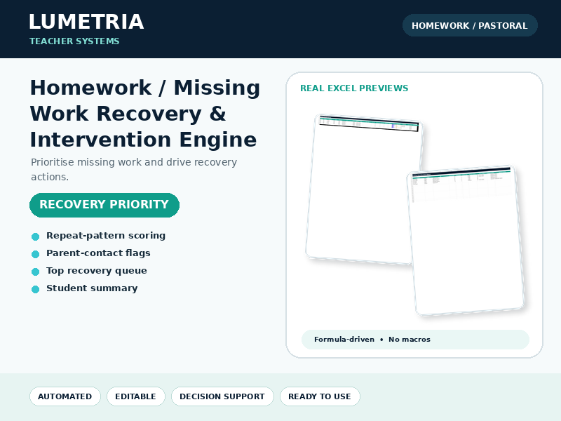Homework & Missing Work Recovery Engine | Excel Priority Queue, Parent Contact Flags & Dashboard