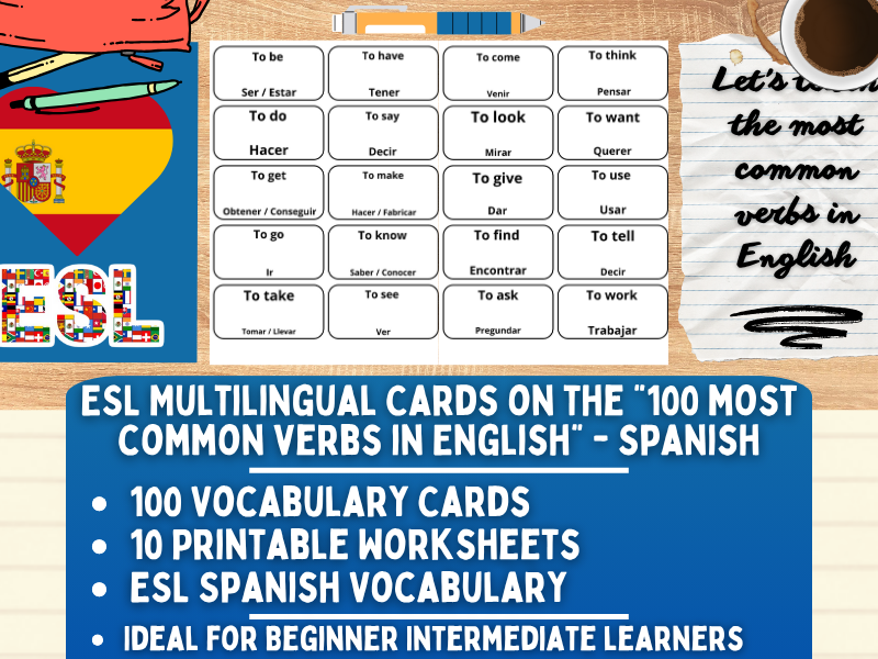 ESL Multilingual Vocabulary Flashcards - 100 most common verbs in English - Castillian Spanish
