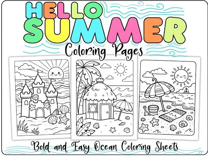 Hello Summer Beach Coloring Pages  Bold and Easy Ocean Coloring Sheets