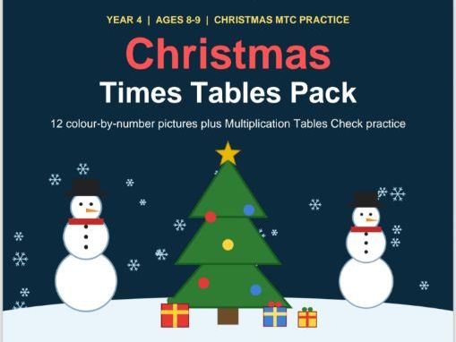 Christmas Times Tables Worksheets Year 4 | MTC Practice | 12 Colour by Number Pictures | Printable