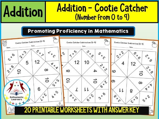 Addition Cootie Catcher (0–9) Puzzle Game Worksheets