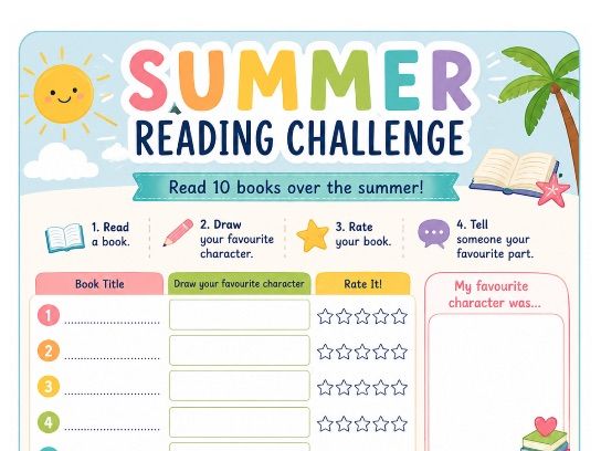 KS1 Summer Reading Challenge | Printable Reading Log & Book Review Worksheet | Summer Holiday