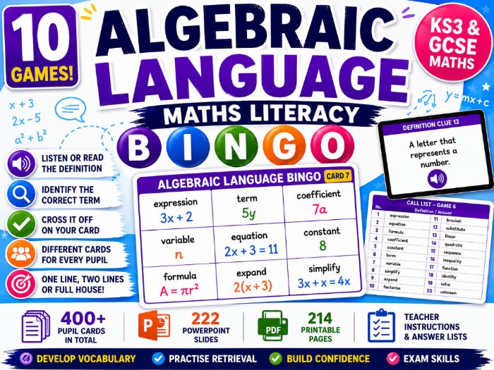 Algebraic Language Maths Literacy Bingo | KS3 & GCSE Vocabulary | 10 Games