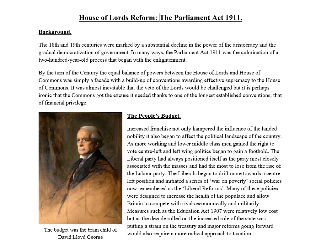 House Of Lords Reform The Parliament Act 1911 Teaching Resources