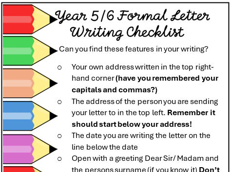 Year 5/6 Writing Checklist Formal Letter