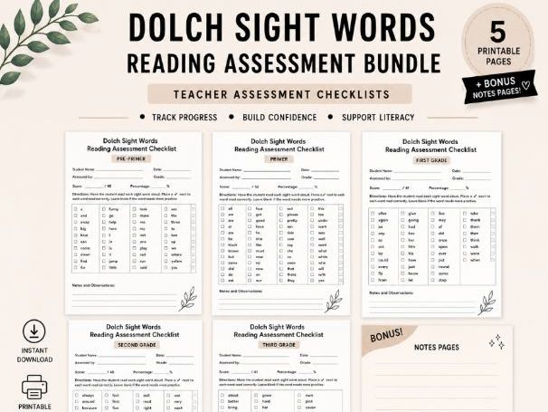 Dolch Sight Words Assessment Bundle | Reading Fluency Checklists