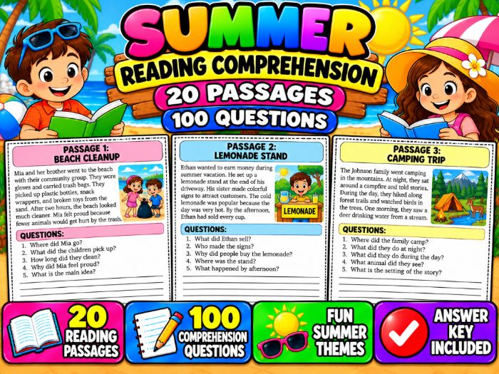 Summer Reading Comprehension | 20 Passages, 100 Questions & Answer Key