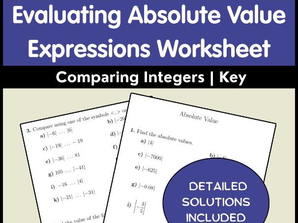 Evaluating Absolute Value Expressions Worksheet | Comparing Integers | Key