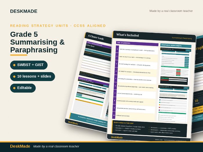 Grade 5 Summarising & Paraphrasing Reading Unit | 10 Lessons + SWBST + GIST
