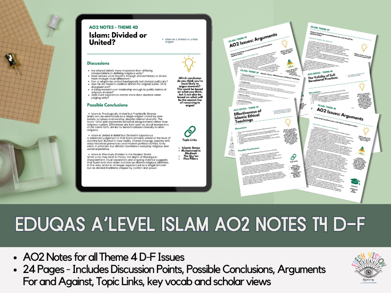 Eduqas A Level RS: Islam AO2 Pack – Theme 4 D-F (24-page student notes)