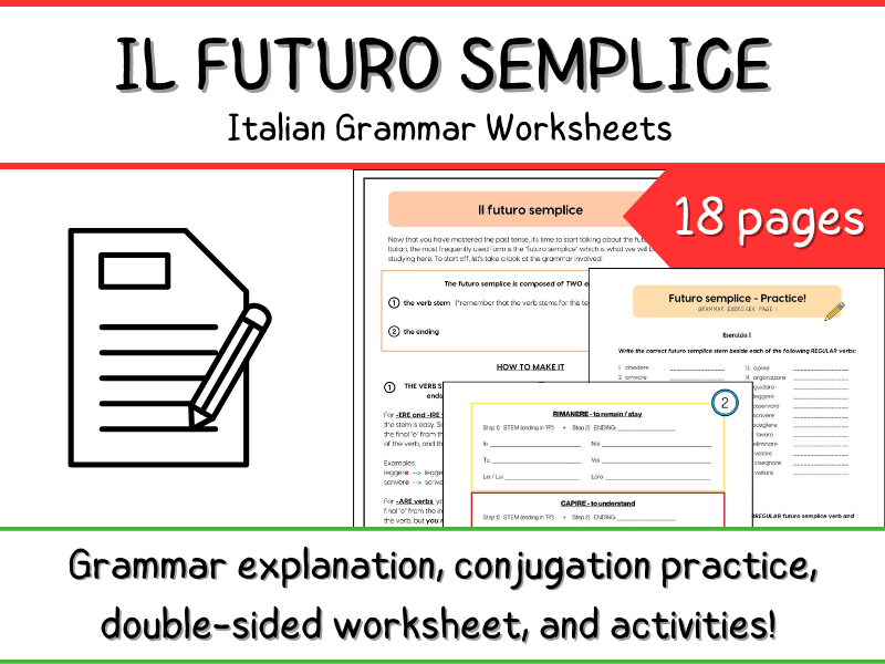 Italian Futuro Semplice Verbs - Grammar Worksheets + Reference + 2 Activities