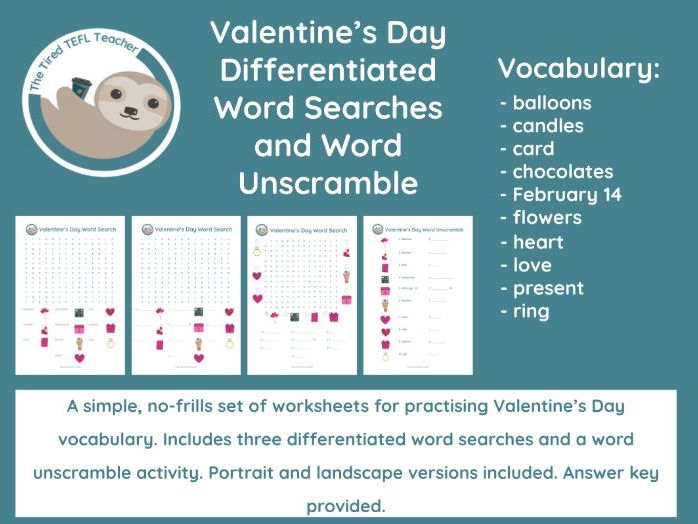 ESL Valentine's Day Differentiated Word Searches and Word Unscramble