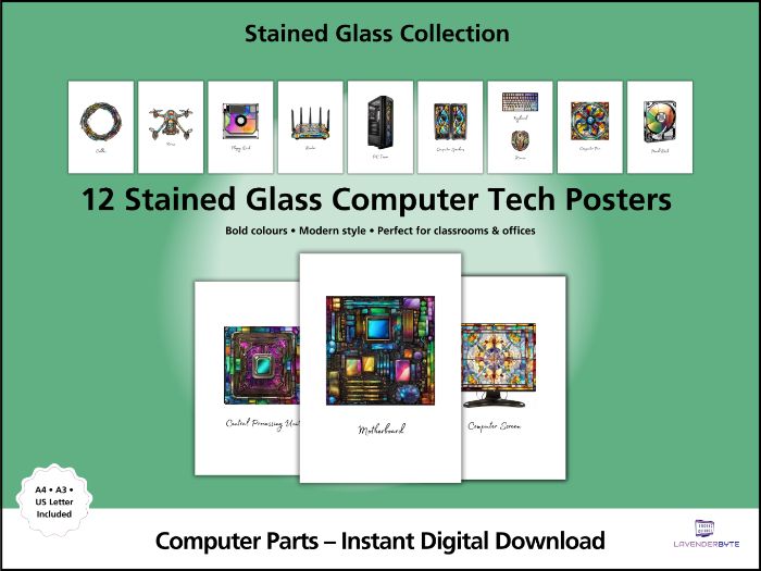 Computer Hardware Posters – Stained Glass Style Classroom Display