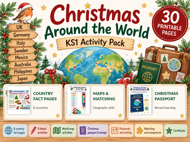 Christmas Around the World KS1 | 30 Printable Pages | 8 Countries & Passport