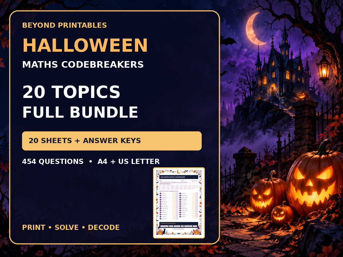 Halloween Maths Codebreaker Bundle | 20 Topics and Answer Keys
