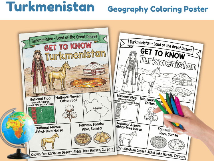 Turkmenistan Geography Coloring Poster | Country Facts for Kids