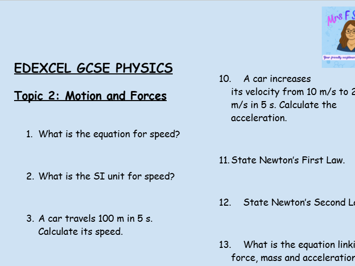 Movement and Forces – GCSE Physics Topic 2 Retrieval Questions | Edexcel