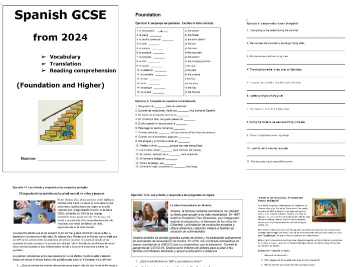 GCSE Spanish GCSE Vocab, Reading and Translation BOOKLET with ANSWERS F+ H