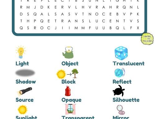 Light and Shadow Word Search with Illustrations | KS2 Science Vocabulary Activity