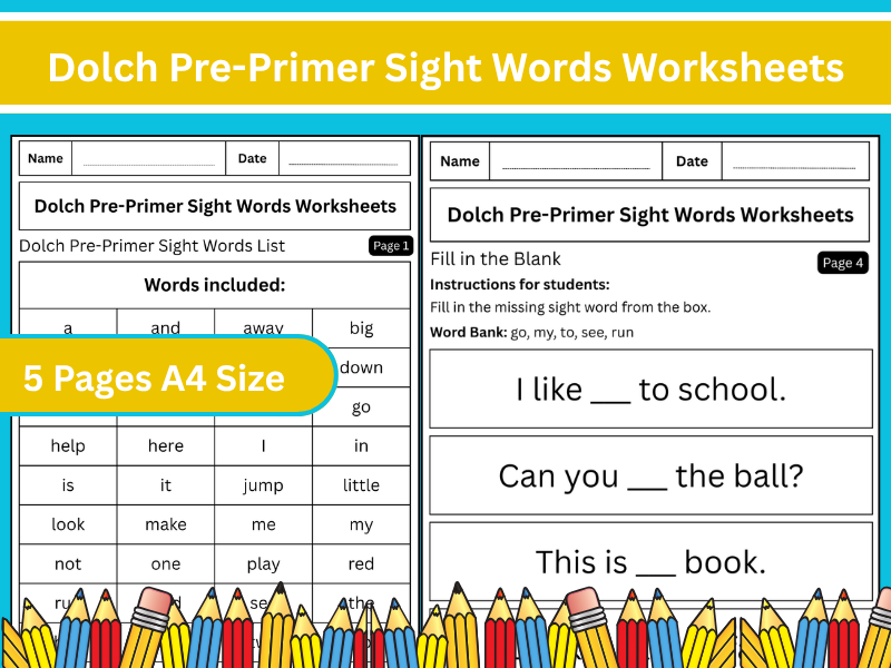 Dolch Pre-Primer Sight Words Worksheets | Trace, Match, Fill-in & Color