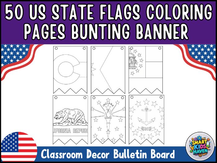 US State Flags Coloring Pages All 50 States Bunting Banner USA Geography Set 3