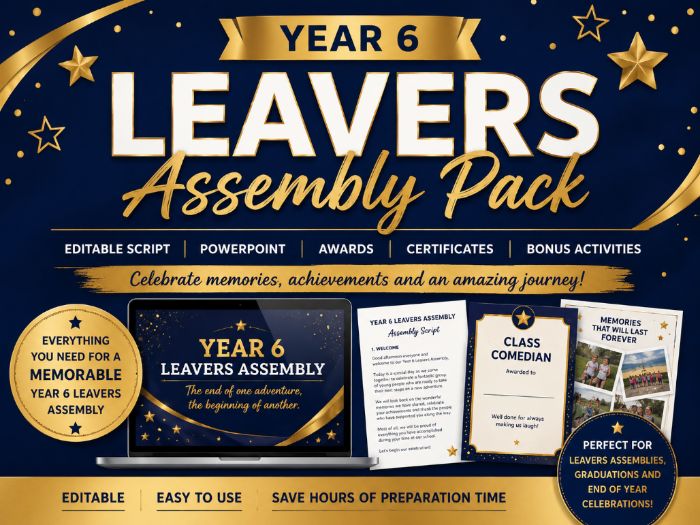 Year 6 Leavers Assembly Pack | Editable Script, PowerPoint, Awards and Certificates