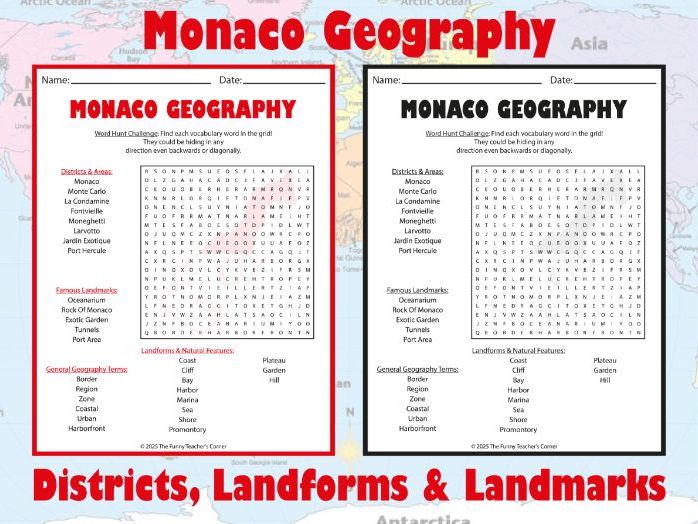 Monaco Geography Word Search | Districts, Landforms & Landmarks | Grades 4–7