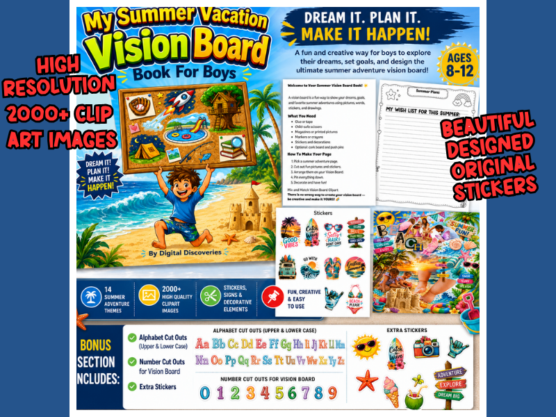 My Summer Vacation Vision Board Book for Boys is a fun summer vision board printable for grades 3–6