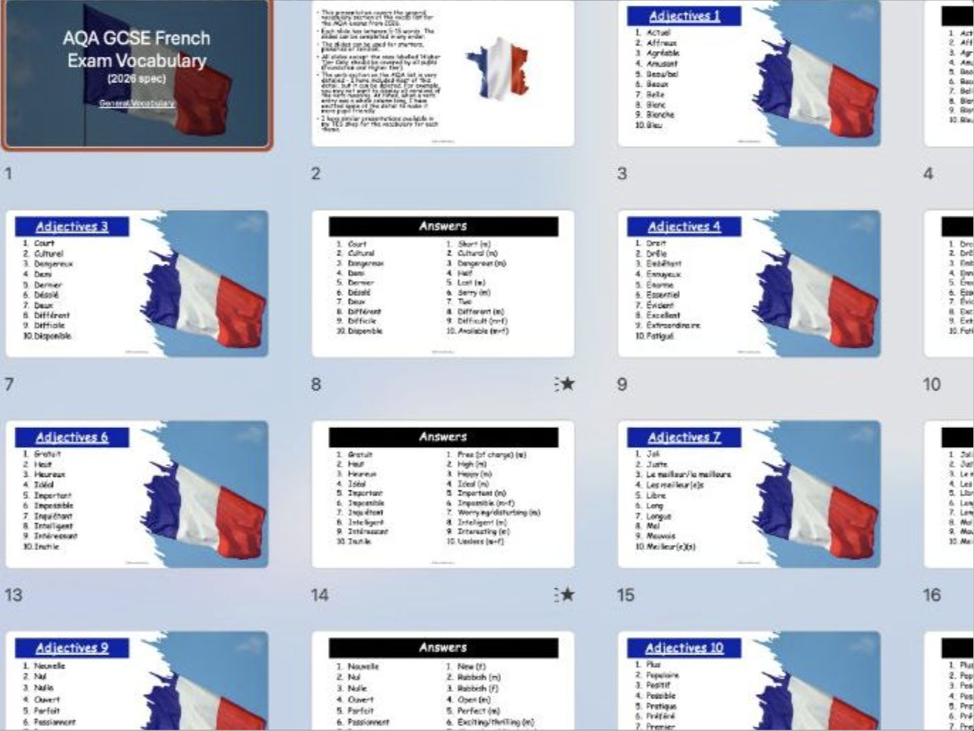 2026 Spec AQA French Vocab Presentations and Writing booklet bundle