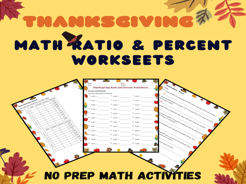 Thanksgiving Ratio and Percent 20 Worksheets | Math Practice PDF