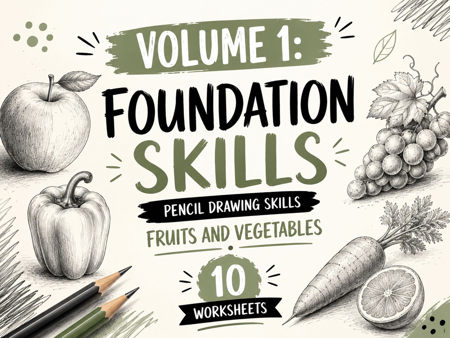 Pencil Drawing Skills: Fruits & Vegetables Volume 1 | Foundation Skills | 10 Art Worksheets | KS3 Art Cover Lessons